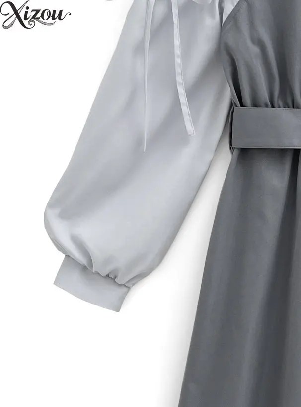 Słodka sukienka z kołnierzykiem, patchworkowa, damska, z kokardą, bufiastymi rękawami, z paskiem, z wysokim stanem, do pracy, w kształcie litery A, 2025, japońska, sznurowana, francuska.