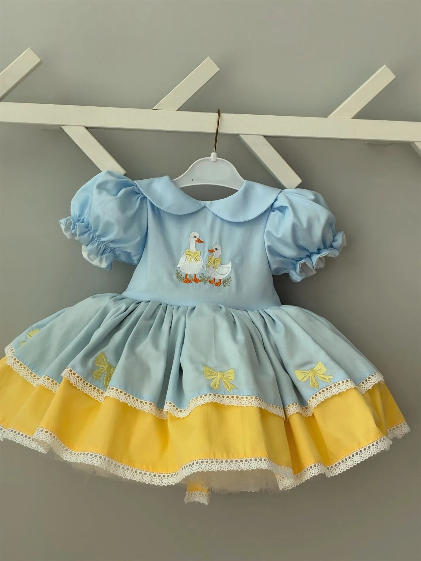 Summer Girl Cute Duck Bow Embroidered Lace Blue Yellow Dress For Casual Party Birthday Wedding Photography