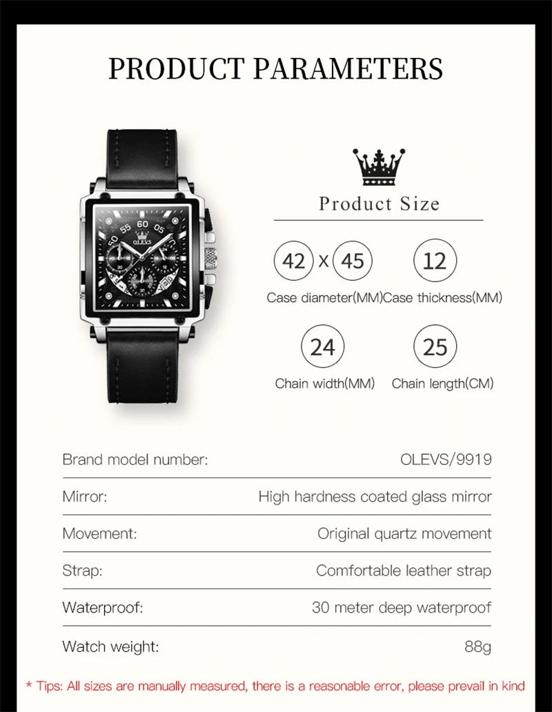 OLEVS-Relógio de quartzo impermeável masculino, pulseira de couro, Big Dial Square Chronograph, relógio esportivo masculino, original, 9919
