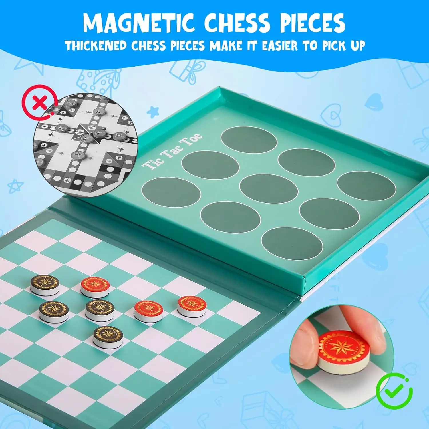 Gioco di dama magnetica 2 in 1 e Tic-Tac-Toe |   Gioco da tavolo da viaggio per bambini 3+