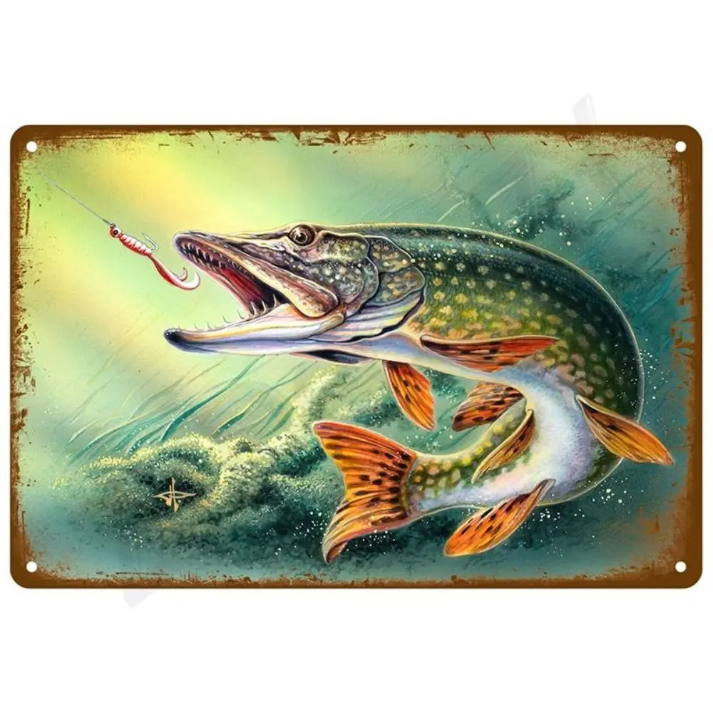 Metal Wall Art Fishing Pike Poster, 2D Flat Decor for Tackle Shop, 20x30cm