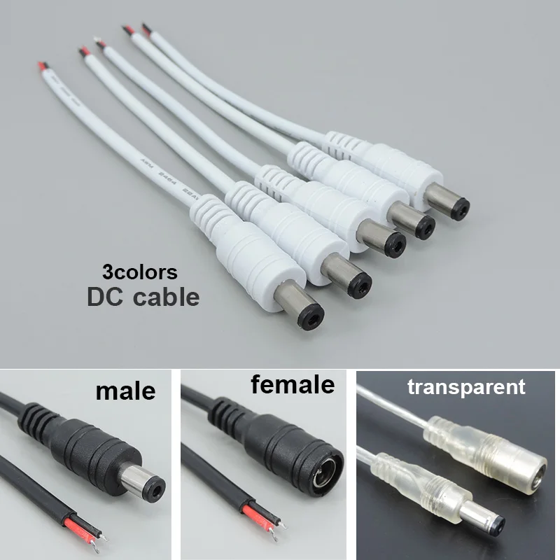 white transparent DC Male Female Power supply Plug Cable Wire pigtail cord 22awg Connector for neon lamp strip Light 5.5x2.1mm