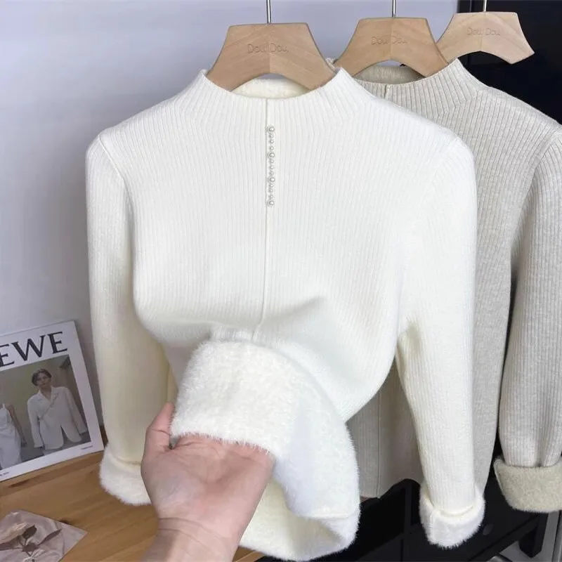 

Thiened Fce Inteated Velvet High Collar Knitted Sweater Women's Autumn Winter Warm Base irt Top Fem Korean Sle ...