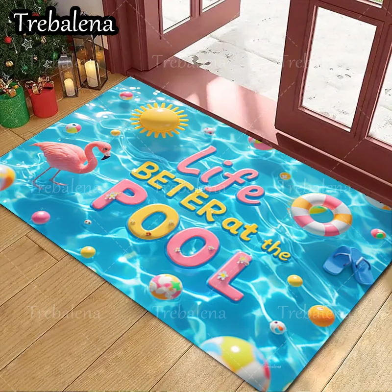 Alfombra de puerta de bienvenida, felpudo con tema de playa de verano, la vida es mejor en la piscina, 1 ud.