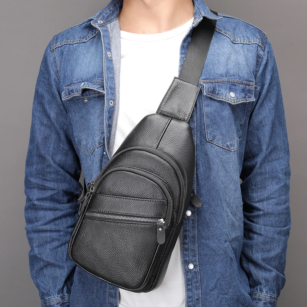 WESTAL Leather Sling Bag Men\'s Side Bags Casual Sport Chest Pack Genuine Leather Shoulder Bags Black Travel Chest Bag 1808