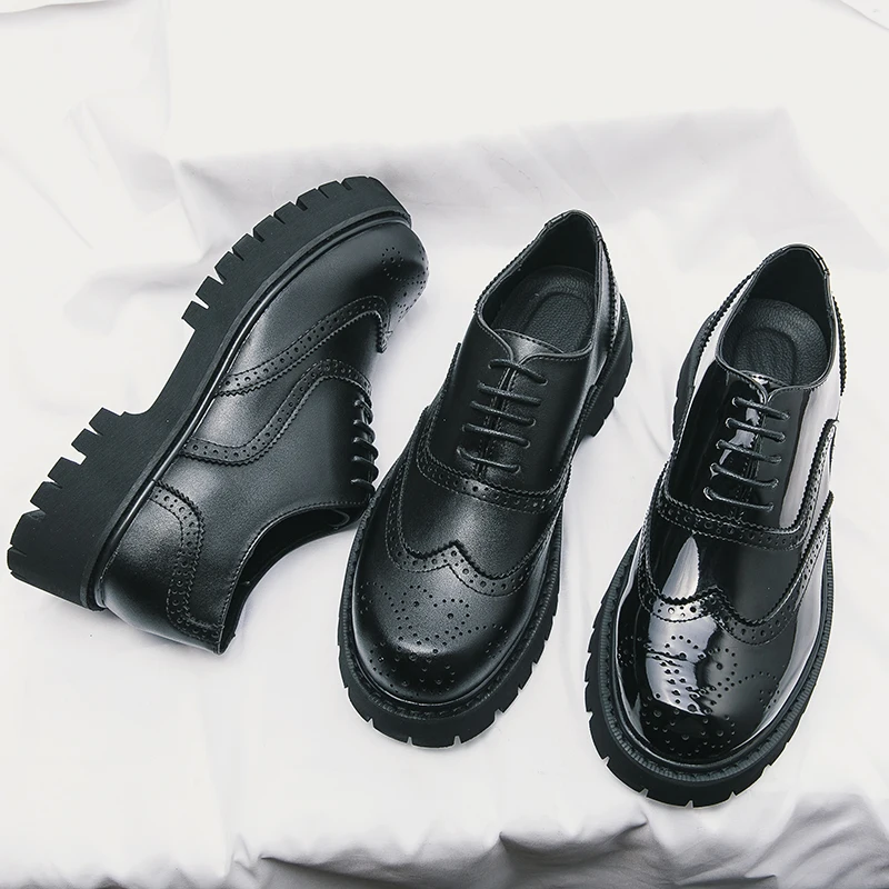 Black Thick Soled Lace Up Oxford Shoes Round Head Platform Leather Shoes Brand Luxury Men Casual Designer Wedding Dress Shoes