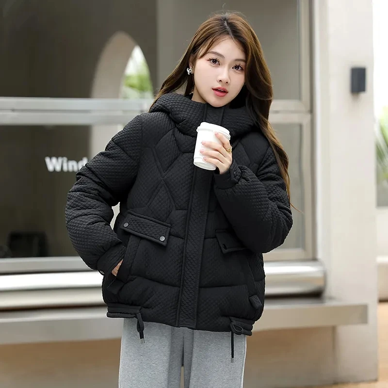 Hooded Down Cotton Coat Womens Short Bread Jacket 2024 New Winter Loose Fashion Thicken Parkas Large Size Female Outerwear