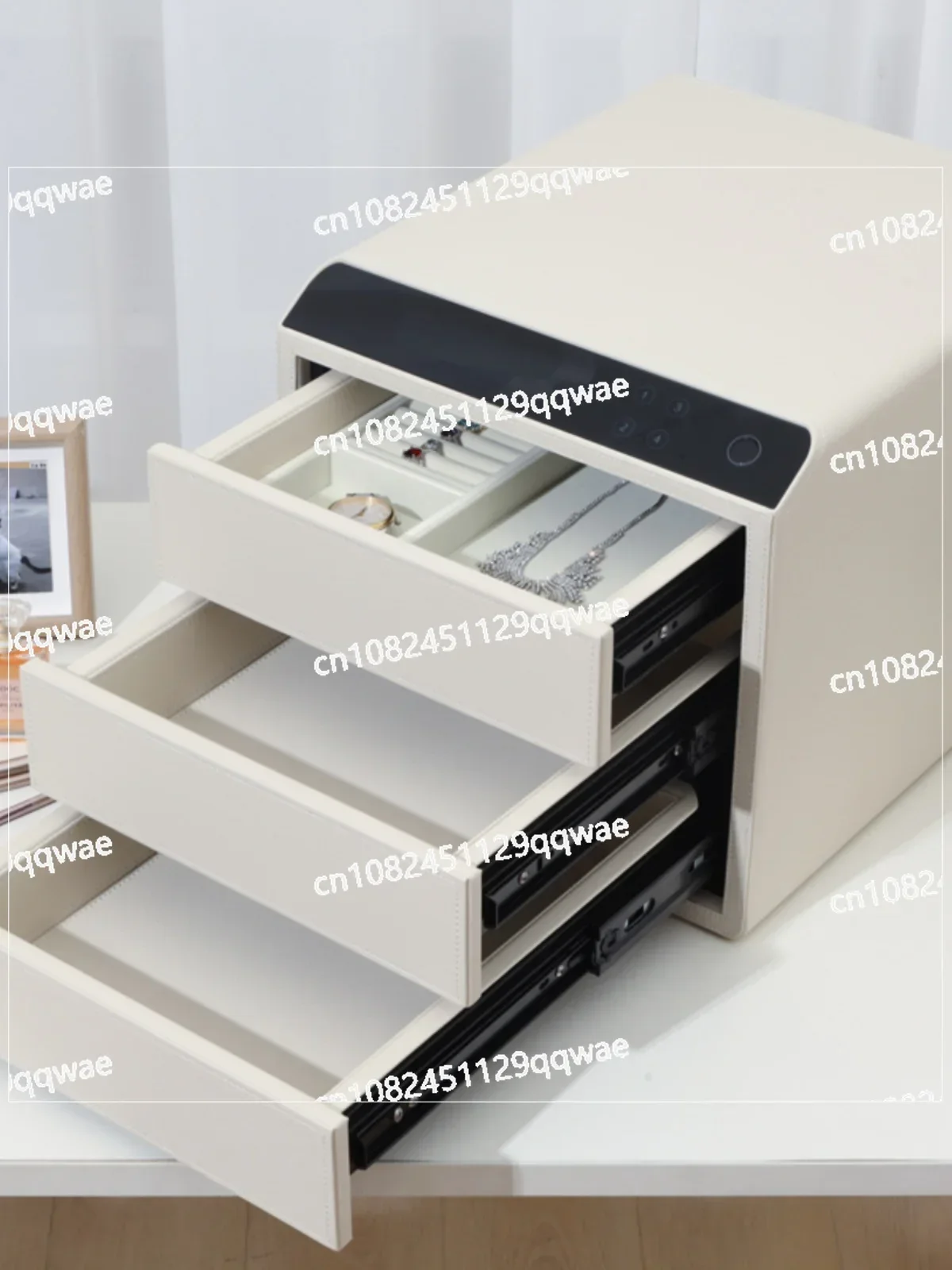 Leather Fingerprint Jewelry Safe Password Household Small Safe Three-layer Jewelry Box Storage Drawer Office