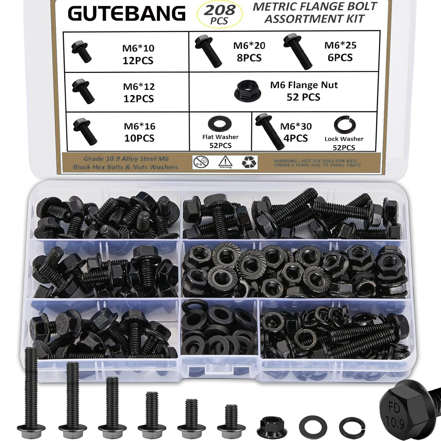 208-Piece Set of M6 Metric Flange Bolts and Nuts, rust-resistant, durable, and high-strength, suitable for various mechanical eq