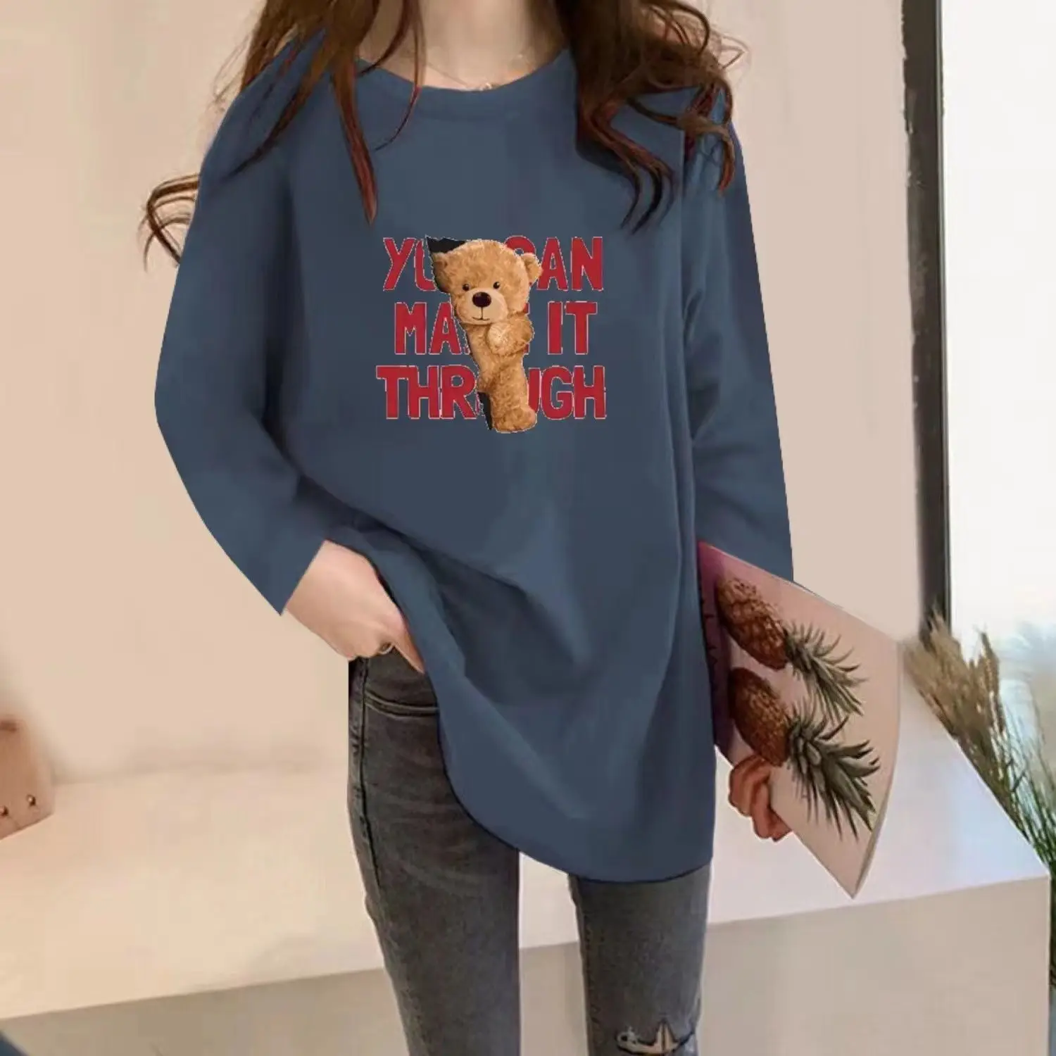 Cotton Long Sleeved T-shirt Women 2023 Autumn New Korean Loose Cartoon Print Medium Length Casual All-match Lady Classic Top