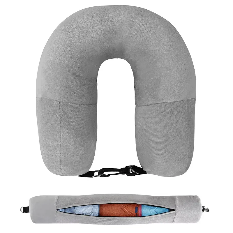 Travel Neck Pillow With Fillable Clothing U-Shaped Pillowcase, Extra Storage Bag, Velvet Neck Pillow Cover For Airplane Travel