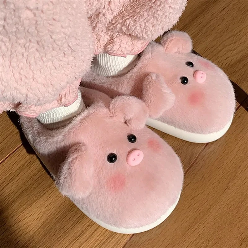 Yasuk Autumn Winter Fashion Women\'s Girl Casual Soft Indoor Slippers Furry Non-Slip Lovely Sweet Pink Pig Warm Girl Thick