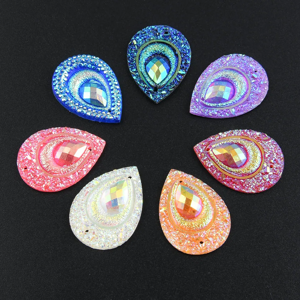 20pcs 18*25mm Shiny Peacock Eye AB Flatback Teardrop Resin Rhinestones Ornaments Sew on Wedding/Home Decoration DIY Applique