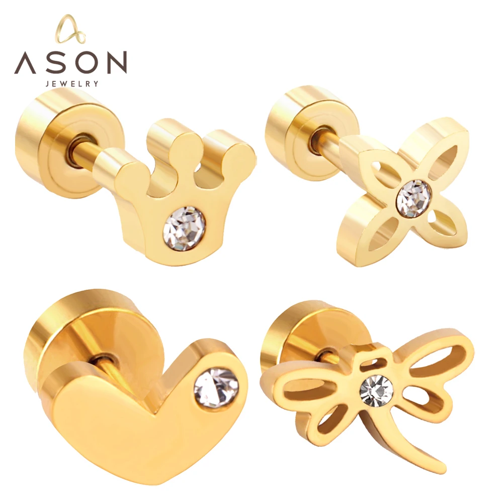 ASONSTEEL-pendientes de acero inoxidable para mujer y niña, Piercing de circonita cúbica con forma de corona Vintage, Color dorado, joyería de tendencia 2023