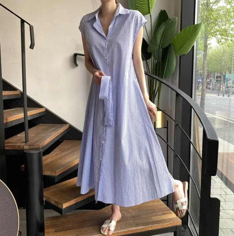 

New Women Striped Short Sleeve Shirt Dress Spring Summer Korean Lace Up Elegant Long Dresses French Elegant Office Robe Платье