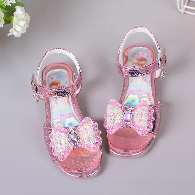 Meisjes Sandalen 2024 Zomer Nieuwe Mode Kids Prinses Schoenen Strik Strass Soft Bottom Kinderen Casual Strandschoenen