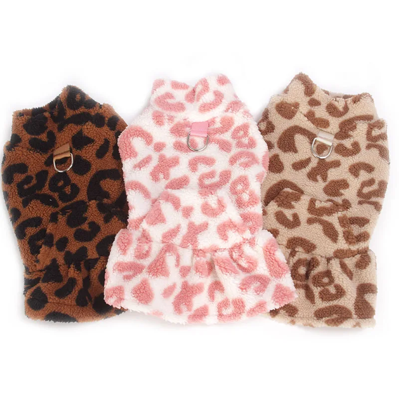 Leopard Dog Dress Coat Winter Fleece Pullover Sweatshirt Pet Clothes Sleeveless Vest Hoodies Puppy Skirt For Small Dogs Chiwawa