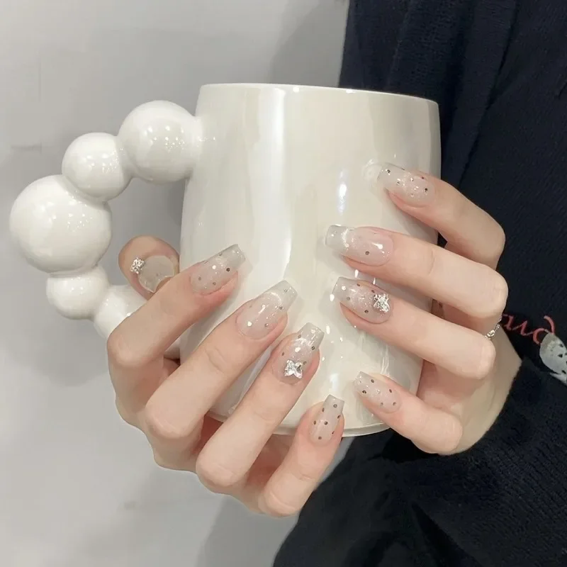 10pcs Handmade Butterfly Diamond Point Long Short Press on Nails False Nail Art Fake Decorated Stick-on Nails Finger for Gluing