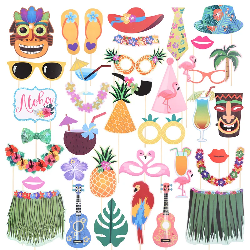 36pcs/set Hawaii Party Decoration Photo Booth Props Pineapple Flamingo Summer Beach Pool Party Hawaii Aloha Party Supplies