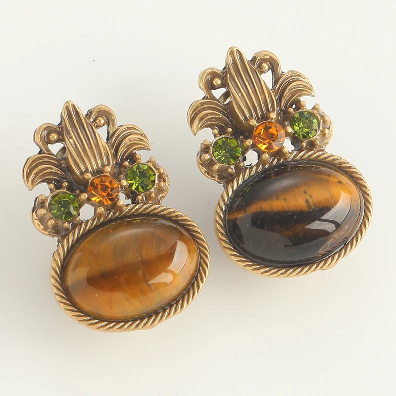 Antique Jewelry Oval Shape Brown Tiger Eye Natural Stone Vintage Stud Earrings for Women Retro Plant Rhinestones Accessories