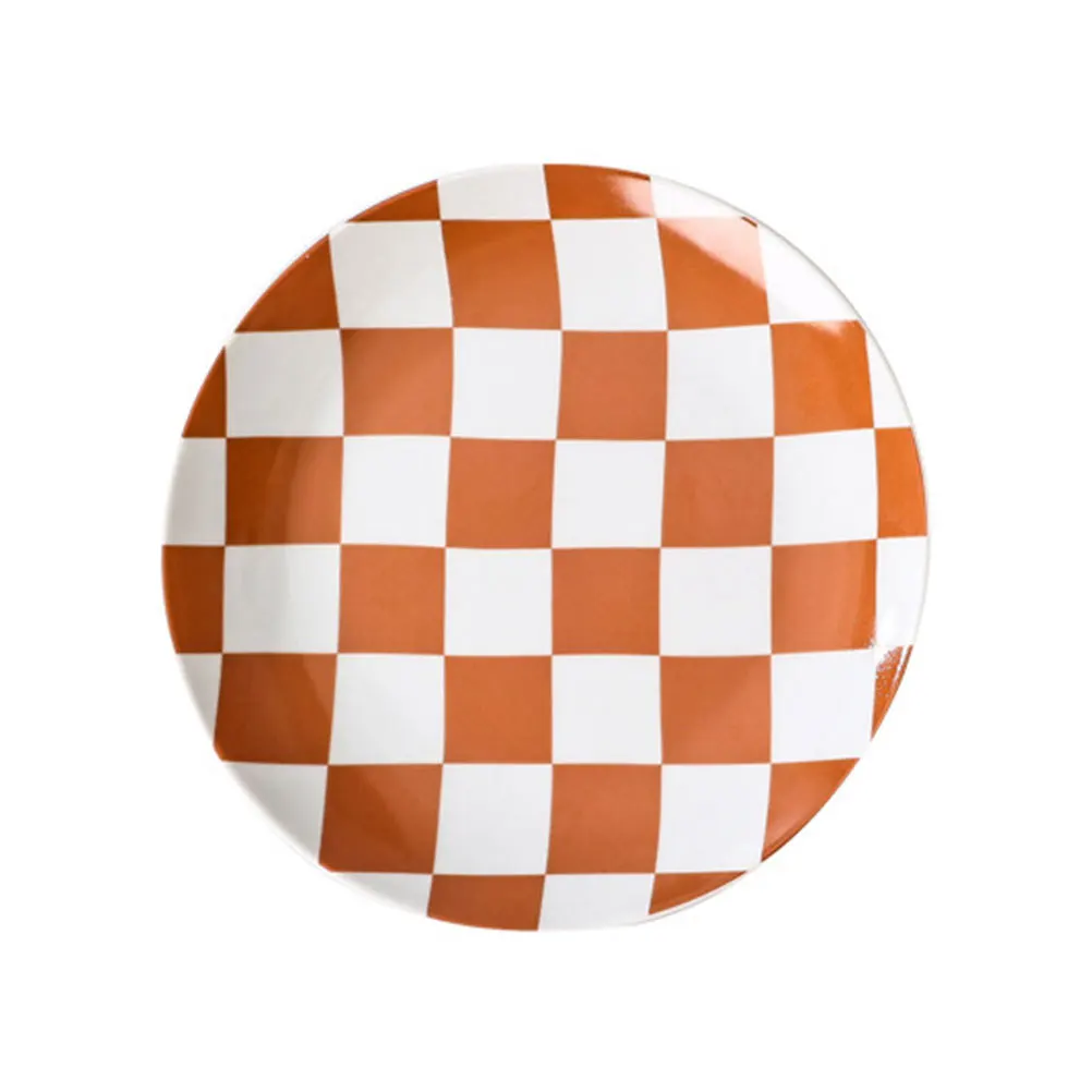 

Ceramic Checkered Plate Simple Round Shape Premium Material Break Resistant Serving Plate for Home Restaurant