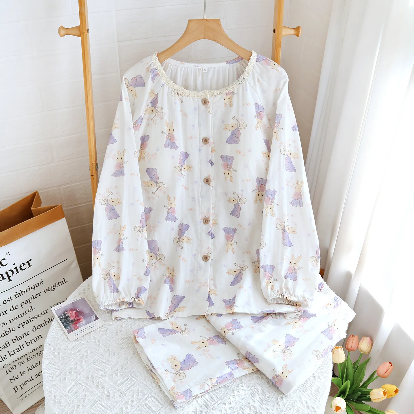 

Cotton Pajamas Clothes for Women Cardigan Tops with Chest Pads Thin Long-Sleeve and Long-Pants Loose Size Pyjama Suit