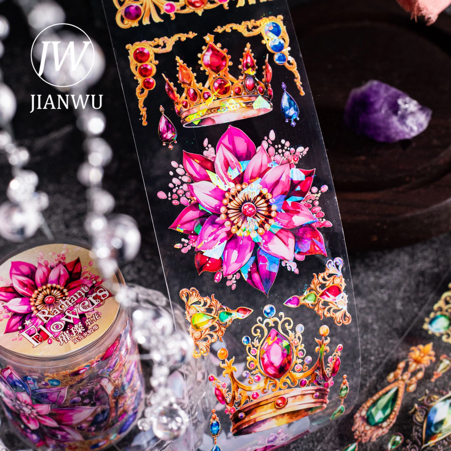 JIANWU 50mm*200cm Radiant Flowers Series Vintage Gem Shell Light Material PET Tape Creative DIY Journal Collage Stationery