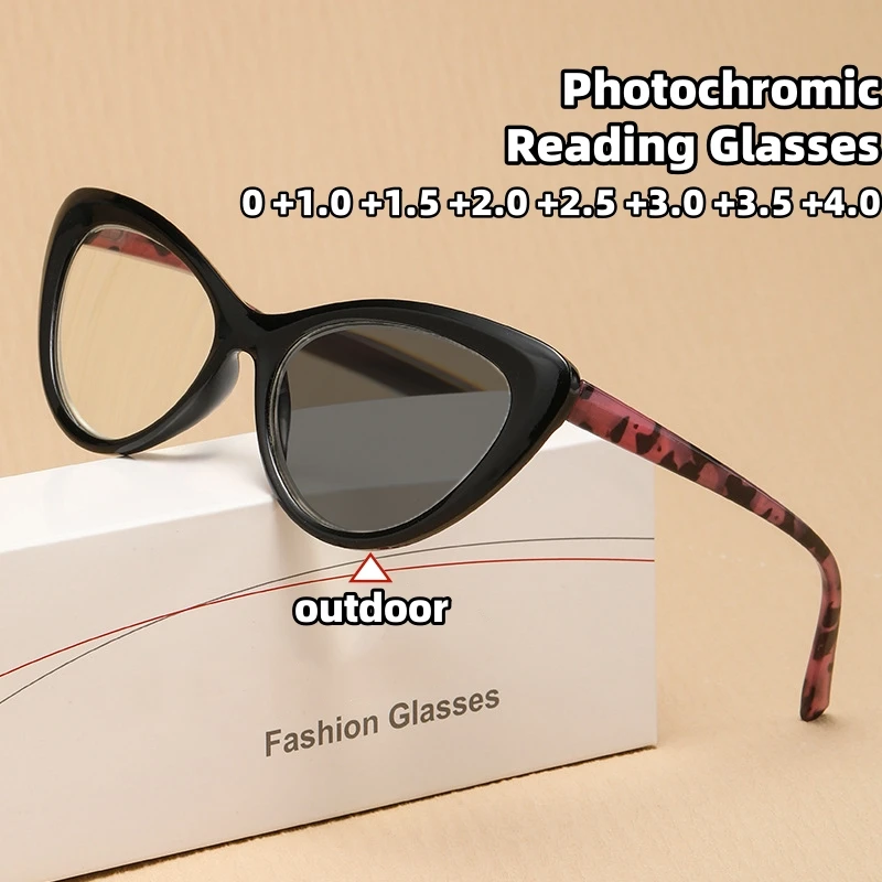 

Anti Blue Light Photochromic Reading Glasses Women Men Eyewear New Retro Cat Eye Printed Color Changing Presbyopia Glasses