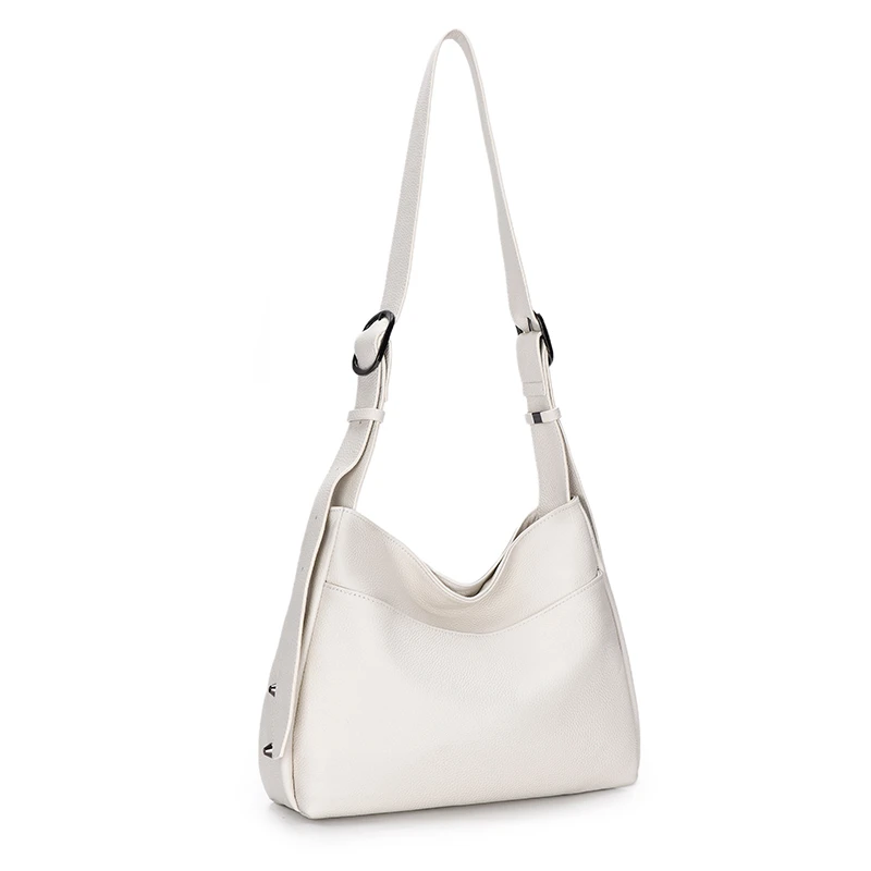 women's genuine leather shoulder bag with Lychee Grain Pattern Adjustable Strap Metal Fasteners Rivet Decoration White bag