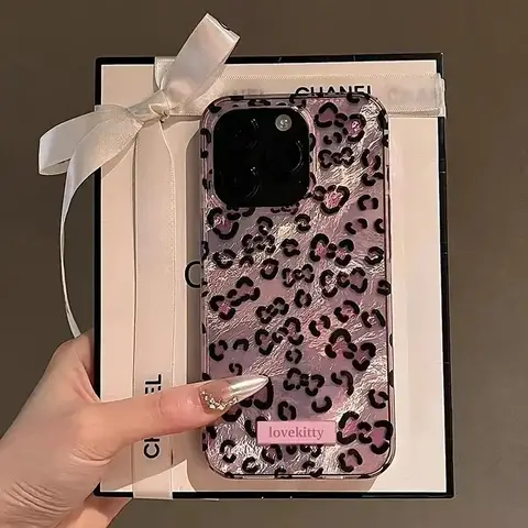 핑크 레오파드 프린트 전화 케이스 IPhone 16 15 14 Pro Max 13 12 11 Pro Max16e 8 7 Plus SE 2022 XS XR X 은박 패턴 커버