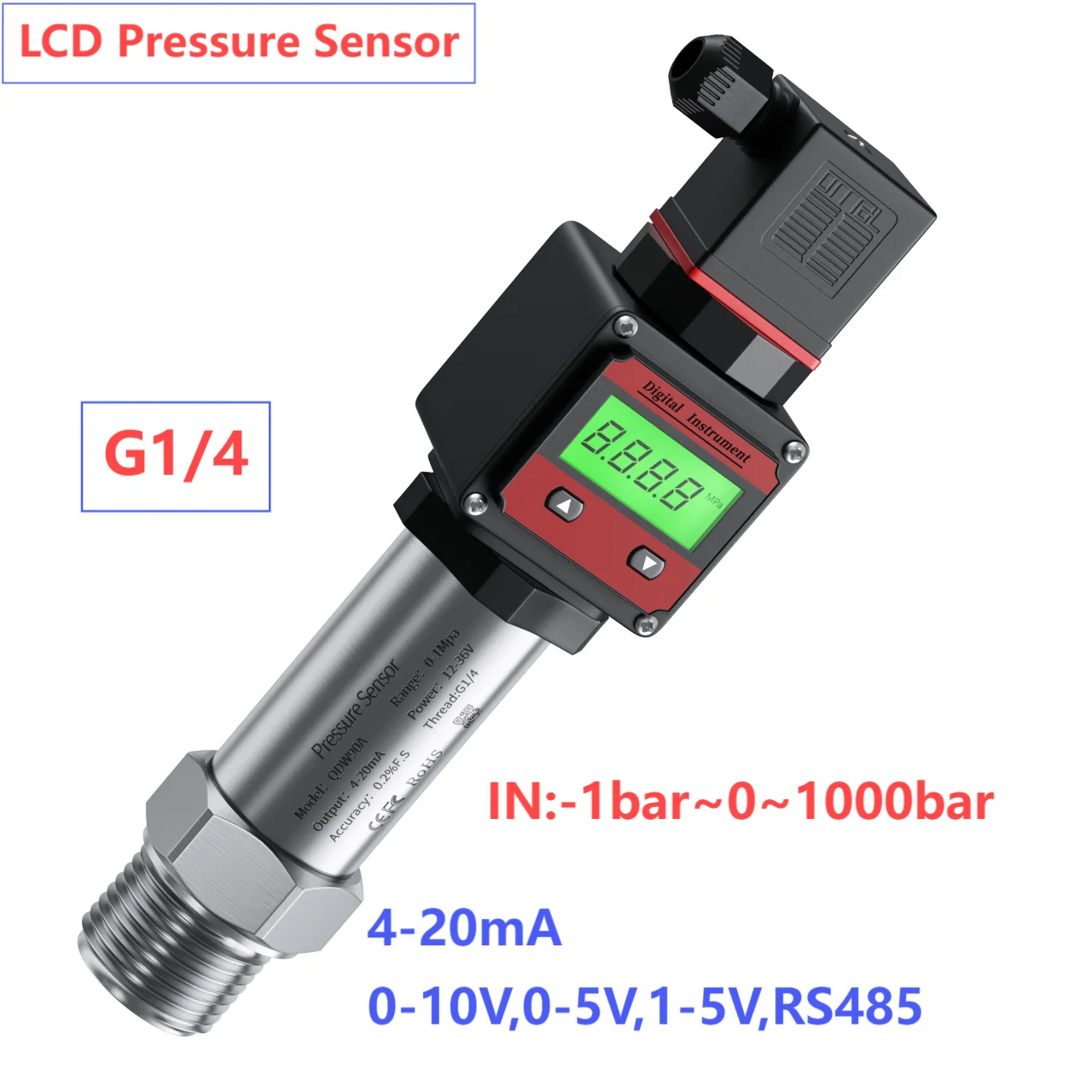 G1/4 Pressure Transmitter 4-20mA Output -1bar Pressure Gauge Digital Display 10bar 100bar LCD Pressure Sensor 0-10V 0-5V