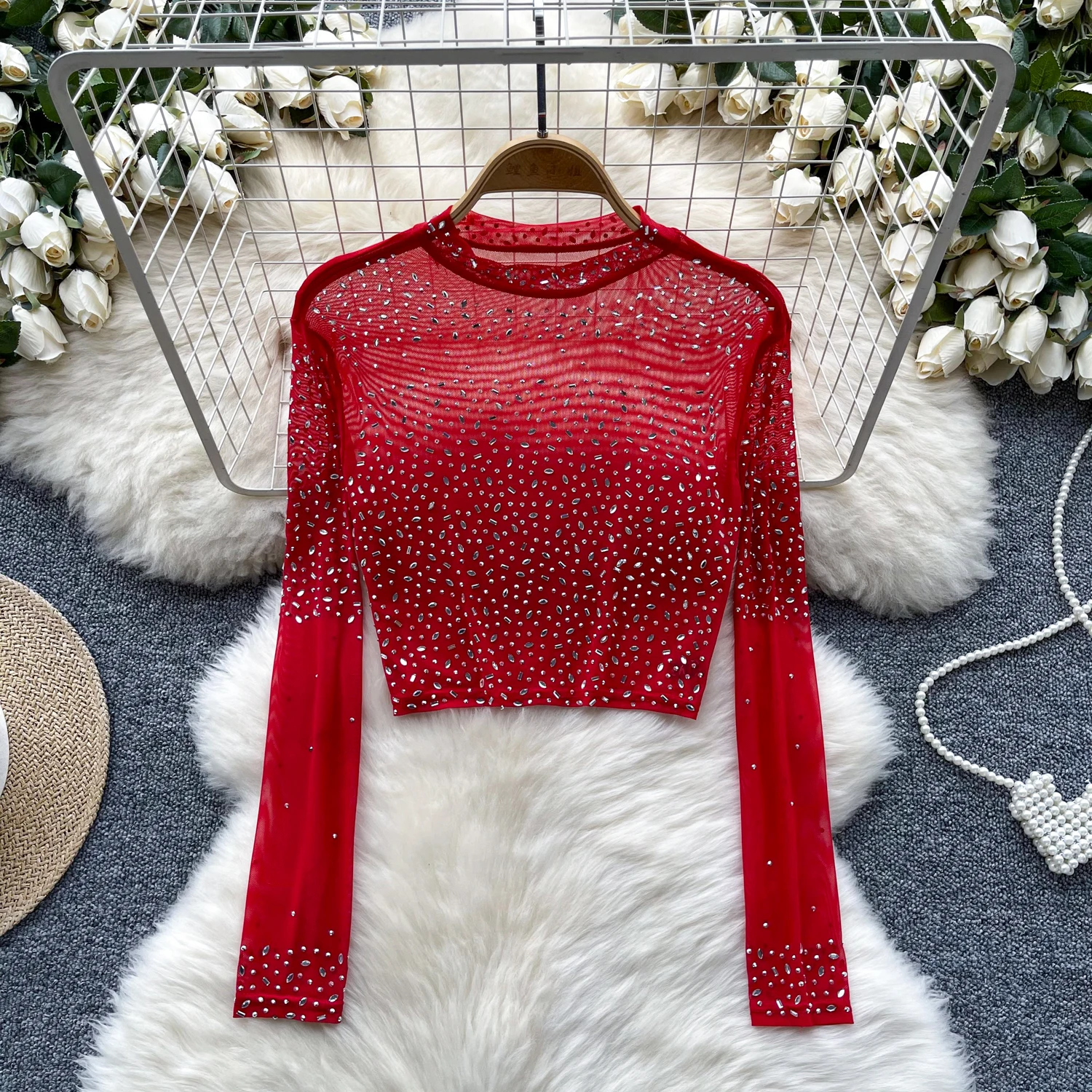 Women Chic lool sleeve sheer mesh cut out rhinestone crop Top Slim mesh Fashion sleeveless Top summer Women Blouse