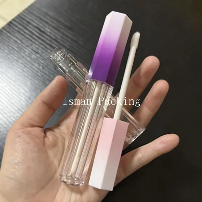 

50pcs unique 5ml gradient pink purple hexagon shaped liquid lipstick lip gloss packaging container tubes with wands brush