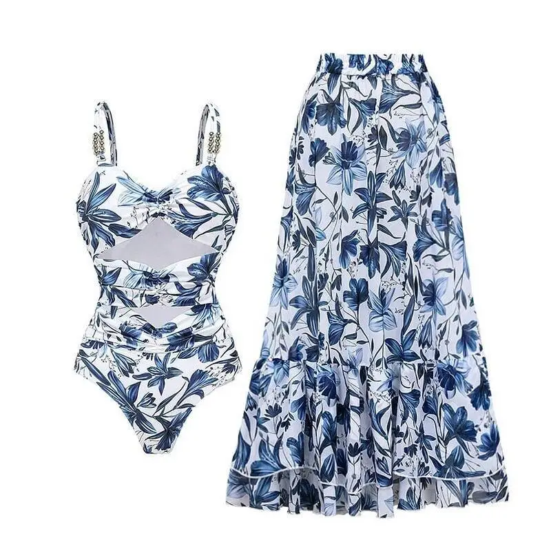 Flaxmaker 2026 Summer One Piece Swimsuit and Skirt Sexy Sleeveless Sling Cut Out Printed Swimwear Biquini conjunto de