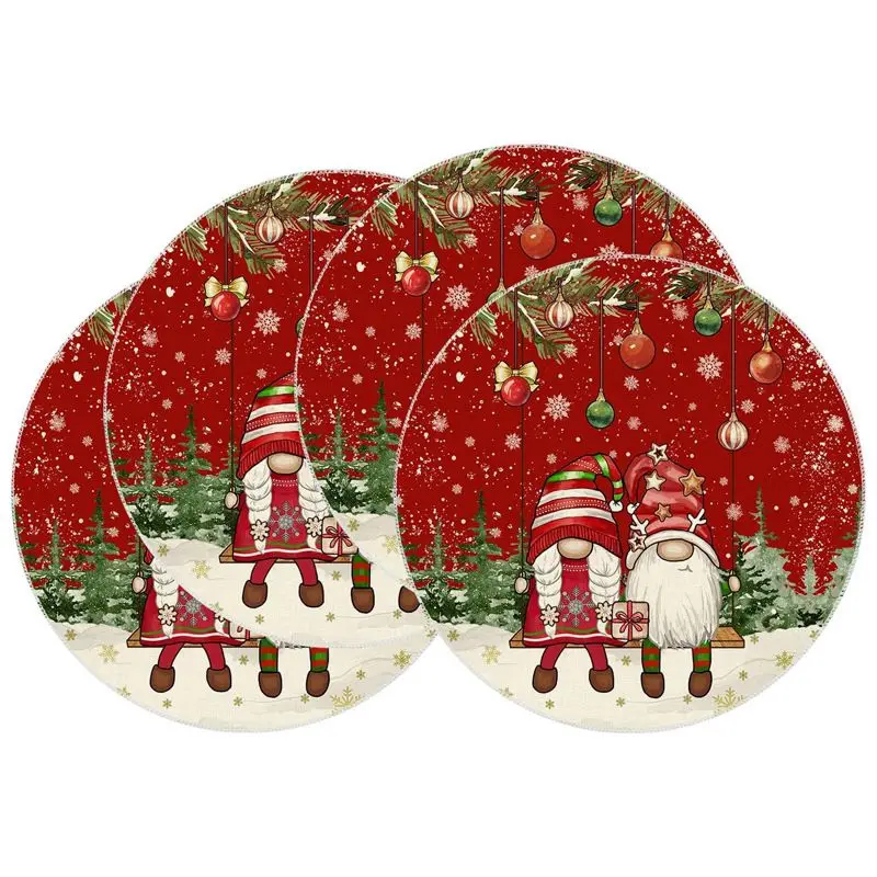 Wine Red Snowman Gingerbread Man Round Christmas Placemat, Wear-Resistant Plate Mat for Home Table Decoration