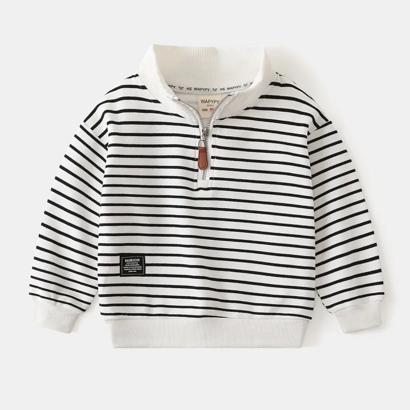 Childrens Striped Stand Up Collar Hoodie Korean Style Childrens Clothing Spring and Autumn Style Boys Zipper Hoodie