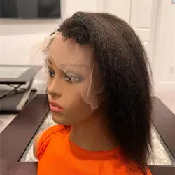 Short Bob 12Inch Black Soft 180% Density Glueless Yaki Kinky Straight Lace Front Wig For Women With Baby Hair Preplucked