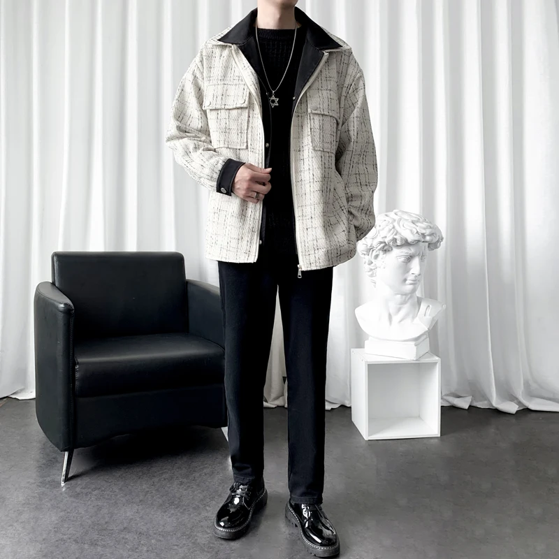 

Loose Plaid Jaet Men's Faion Spring Autumn Square Pattern Classic Sle Casual Loose Fit Outerwear Coat