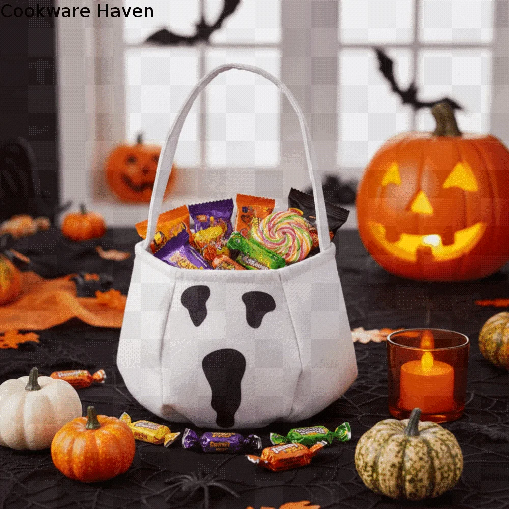 Non-woven Fabric Halloween Ghost Candy Bag Reusable Lightweight Halloween Candy Bucket White Folding Snack Storage Bag Outdoor