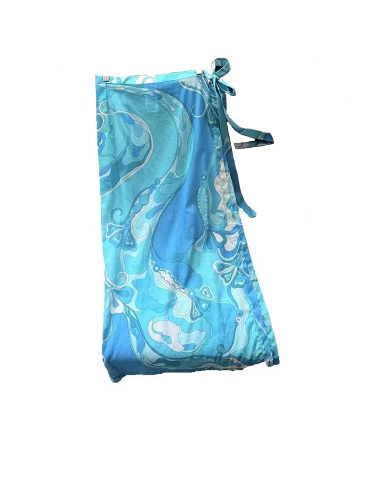 Spring Summer Fashion Beach Style Geometric Pattern Print Cotton Cover-up Women's Side Lace-Up Sunscreen Long Style Half Skirt