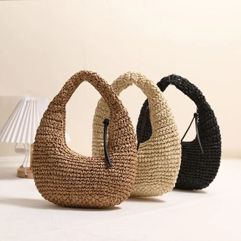 

Trendy Large Capacity Straw Bag Grass Wrist Circle Rattan Handbag Fashion Half Moon Weave Tote Bag Summer