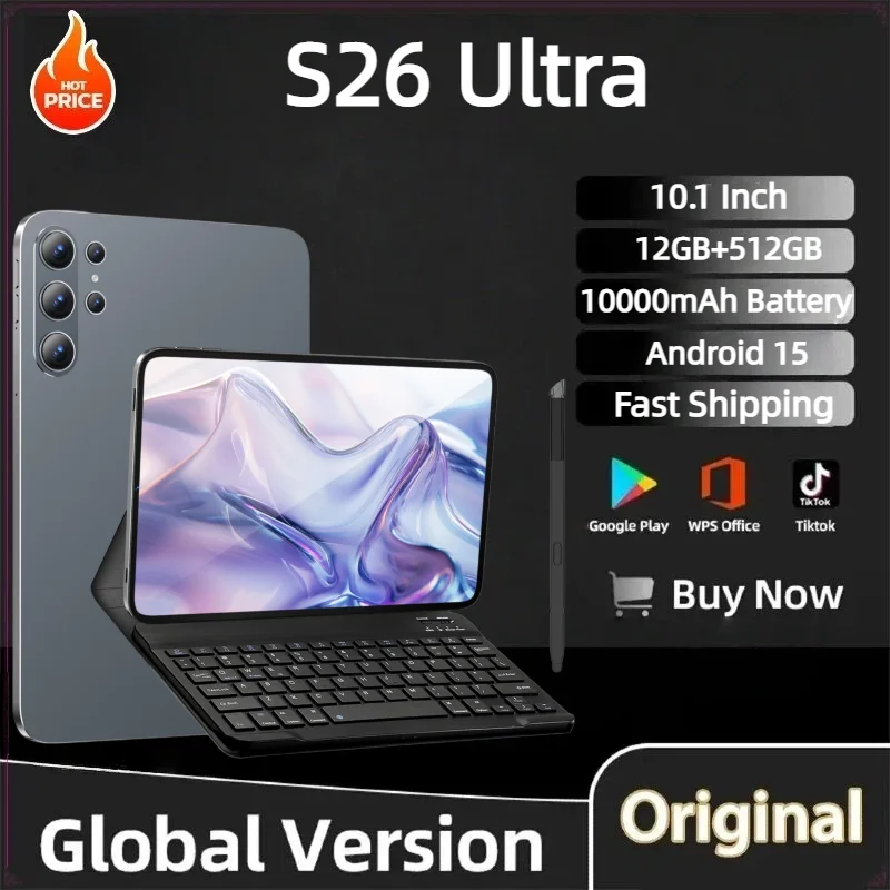 2026 New Original S26-Ultra Tablet Android 15 10.1" Inch 12GB+512GB 5G Dual SIM Phone Call GPS Bluetooth WiFi Google Tablette PC