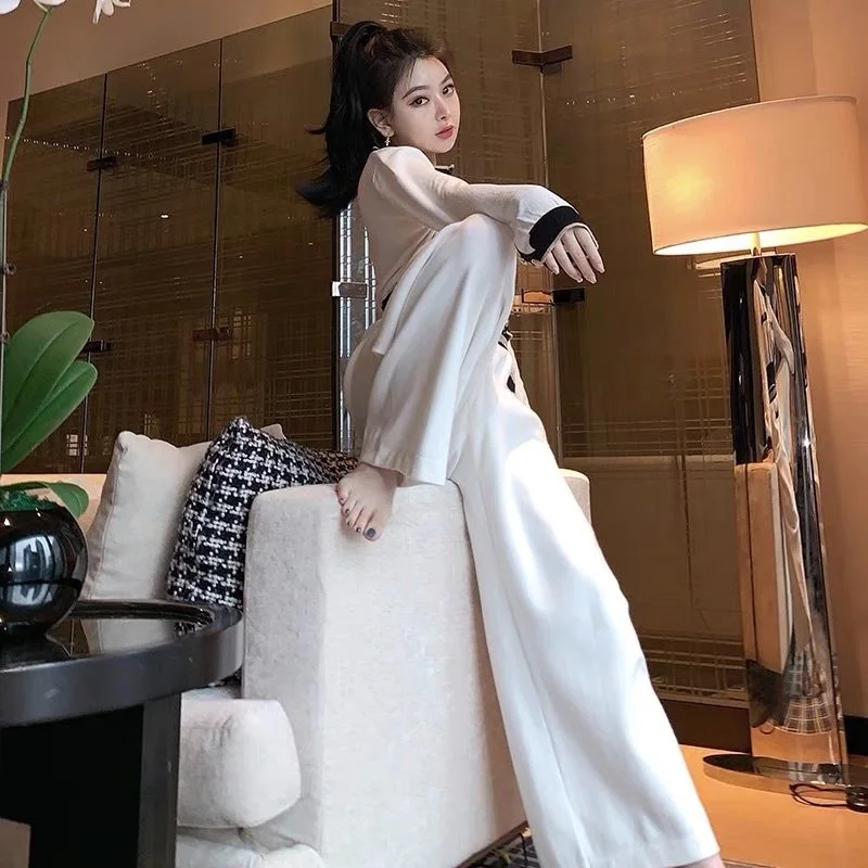 Temperament Suit Long-Sleeved Single-Breasted Cardigan + Wide-Leg Pants Knitted Two-Piece Korean New Fashion Women\'S Clothing