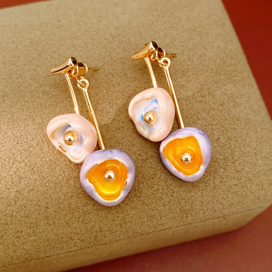 18k Gold Plated Artistic Glaze Flower Dangle Earrings Female Cherry Hanging Pendant Earring Leisure Gathering Banquet Jewelry