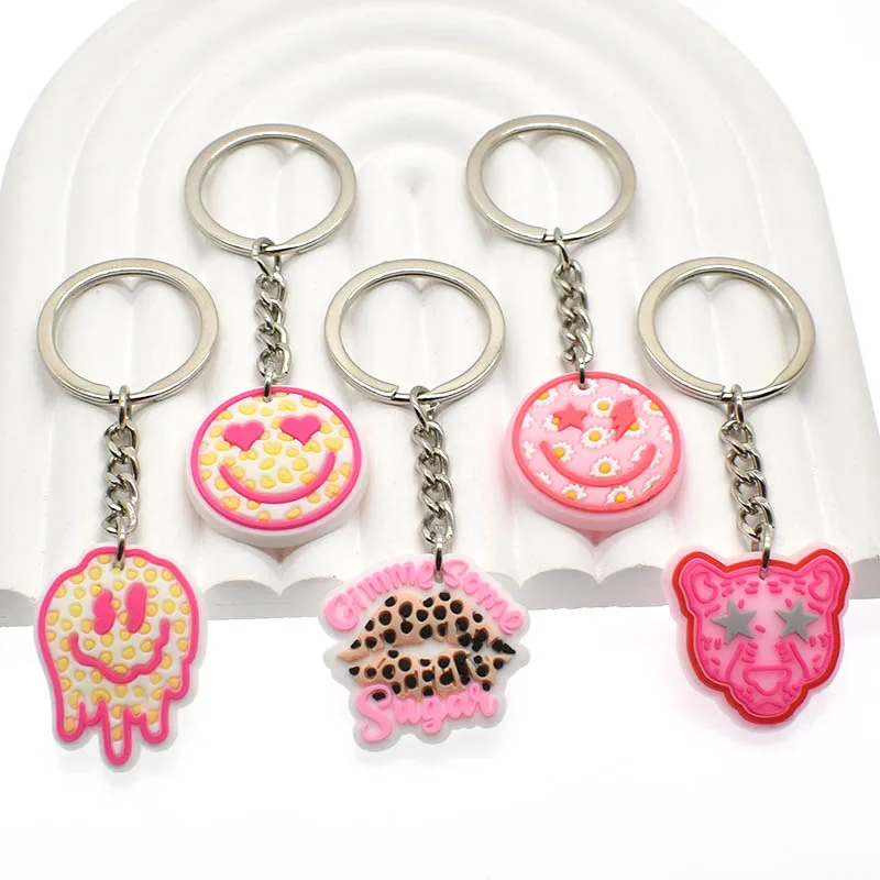 Fashion Leopard Print Smile Face Balloon Dog Key Chain Men and Women Car Bag Pendant PVC Keyring Tassels Hanging Gifts