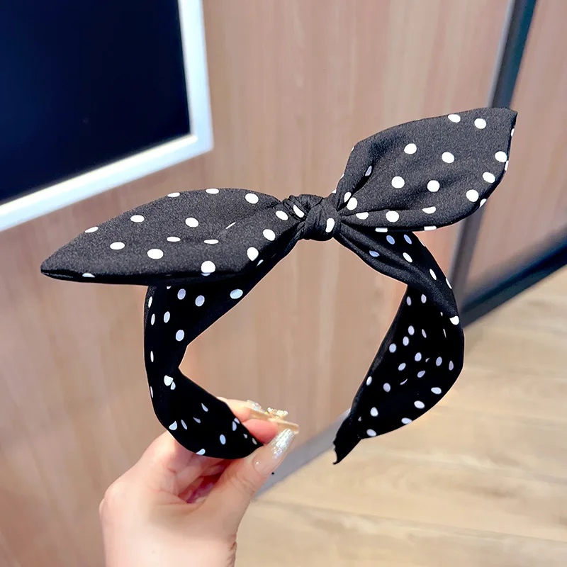 Effen kleur stof Polka Dot Bow hoofdband voor kinderen Elegant temperament Brede hoofdband Mode meisje make-up haarband