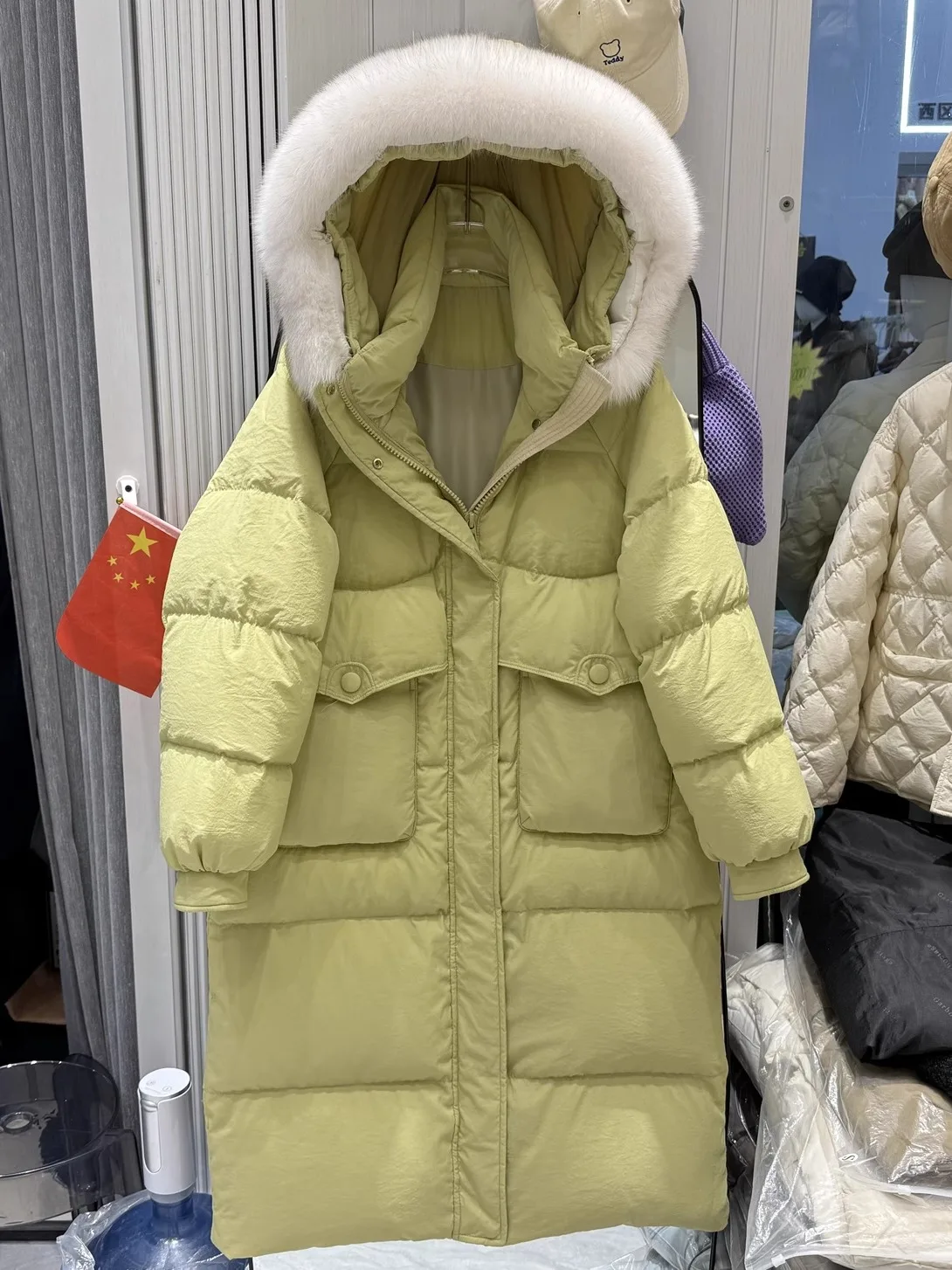 여성용 한국 루즈 후드 다운 재킷, 리얼 여우 모피 칼라, 두꺼운 루즈 화이트 덕 다운 재킷, 긴 겨울 신상