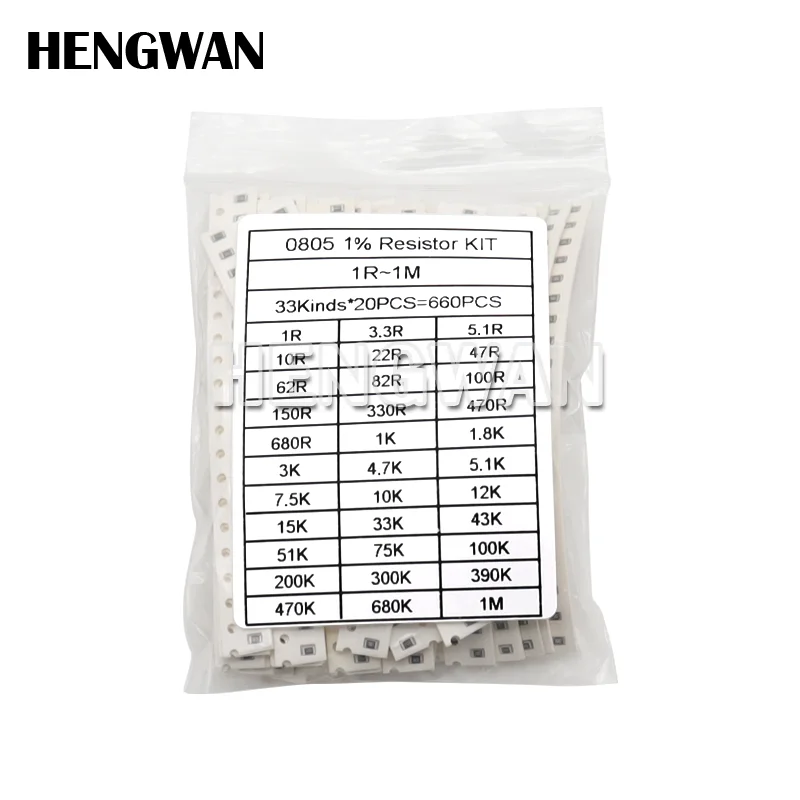 660PCS 0201 0402 0603 0805 1206 1% SMD Resistor Assorted Kit 33Values Each 20pcs 1R-1M 10K 100K 1K 100R Resistance Set