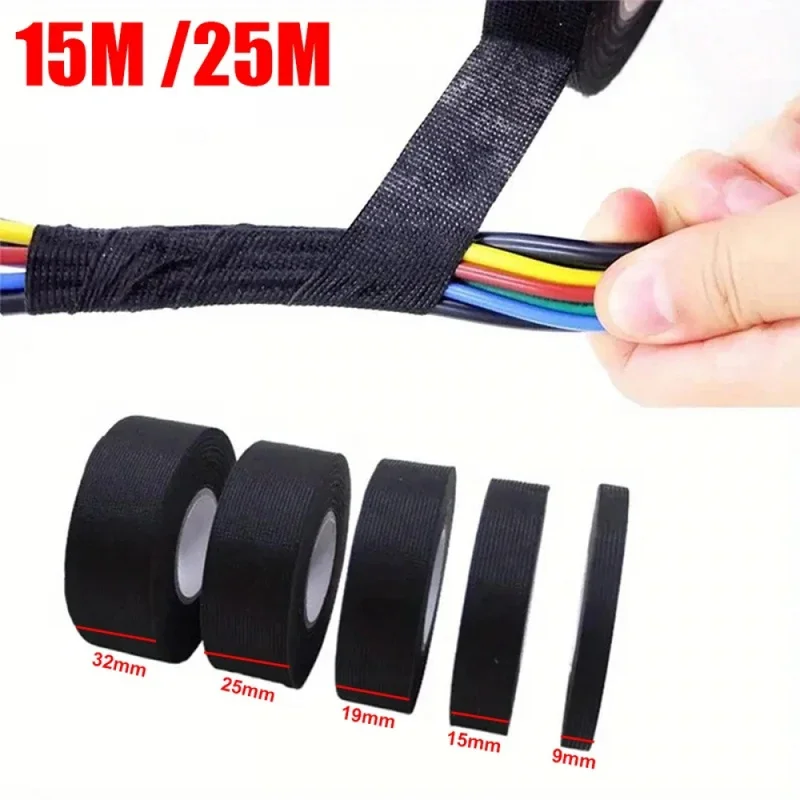15/25M High Temp Wire Harness Wrapping Tape Self-Adhesive Automotive Wiring Harness Fabric Tape for Car Noise Damping