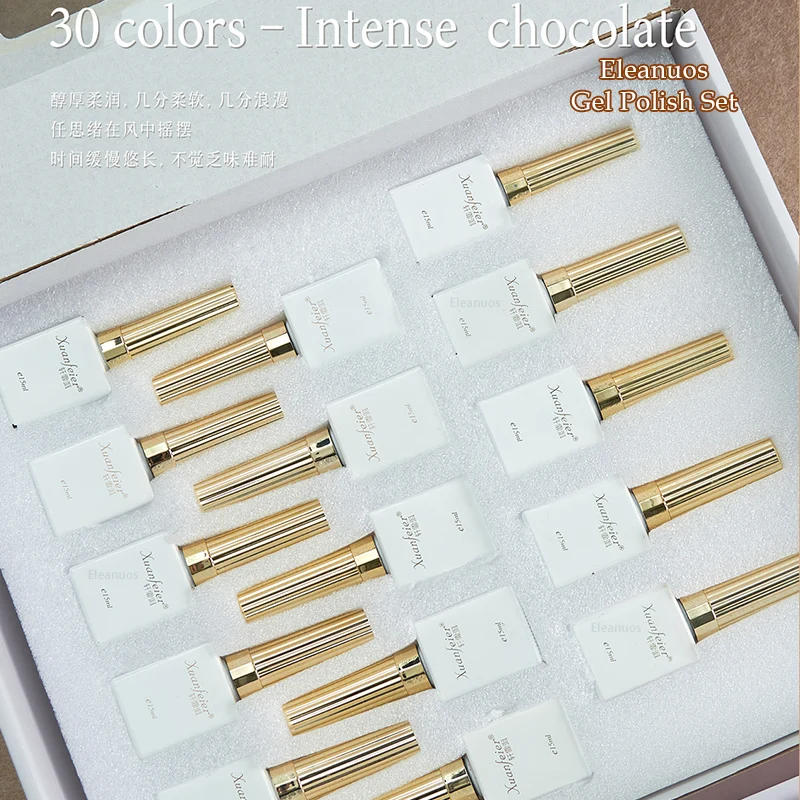Eleanuos Schokoladengel, poliert, 30 Stück, gemischt, durchsichtig, braun, einfarbig, langlebig, UV-LED-Grundierung, Finish, Salon-Set, Ahornnägel, 15 ml